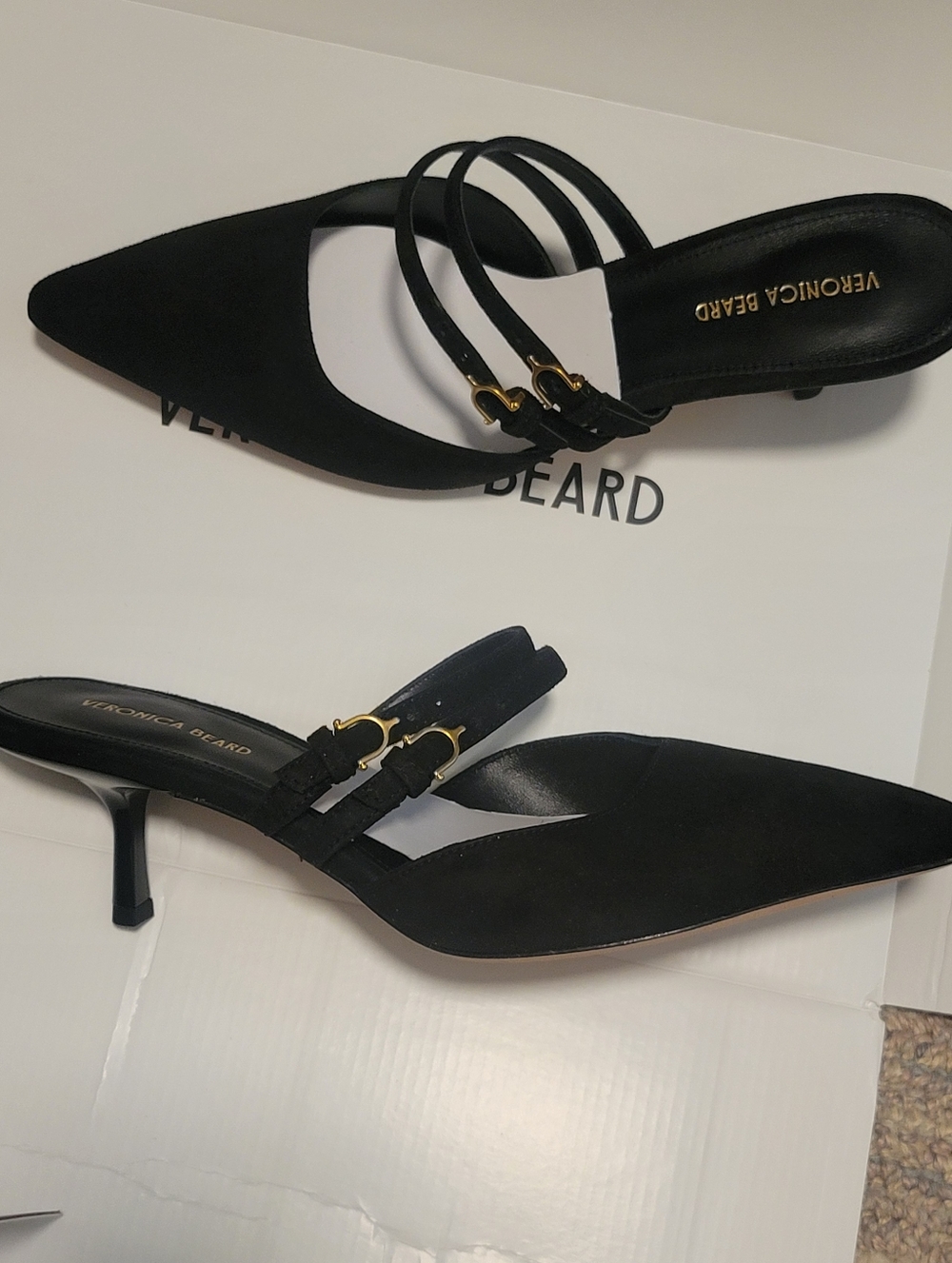 Veronica Beard Black Suede Double-Strap Kitten Heel Mule